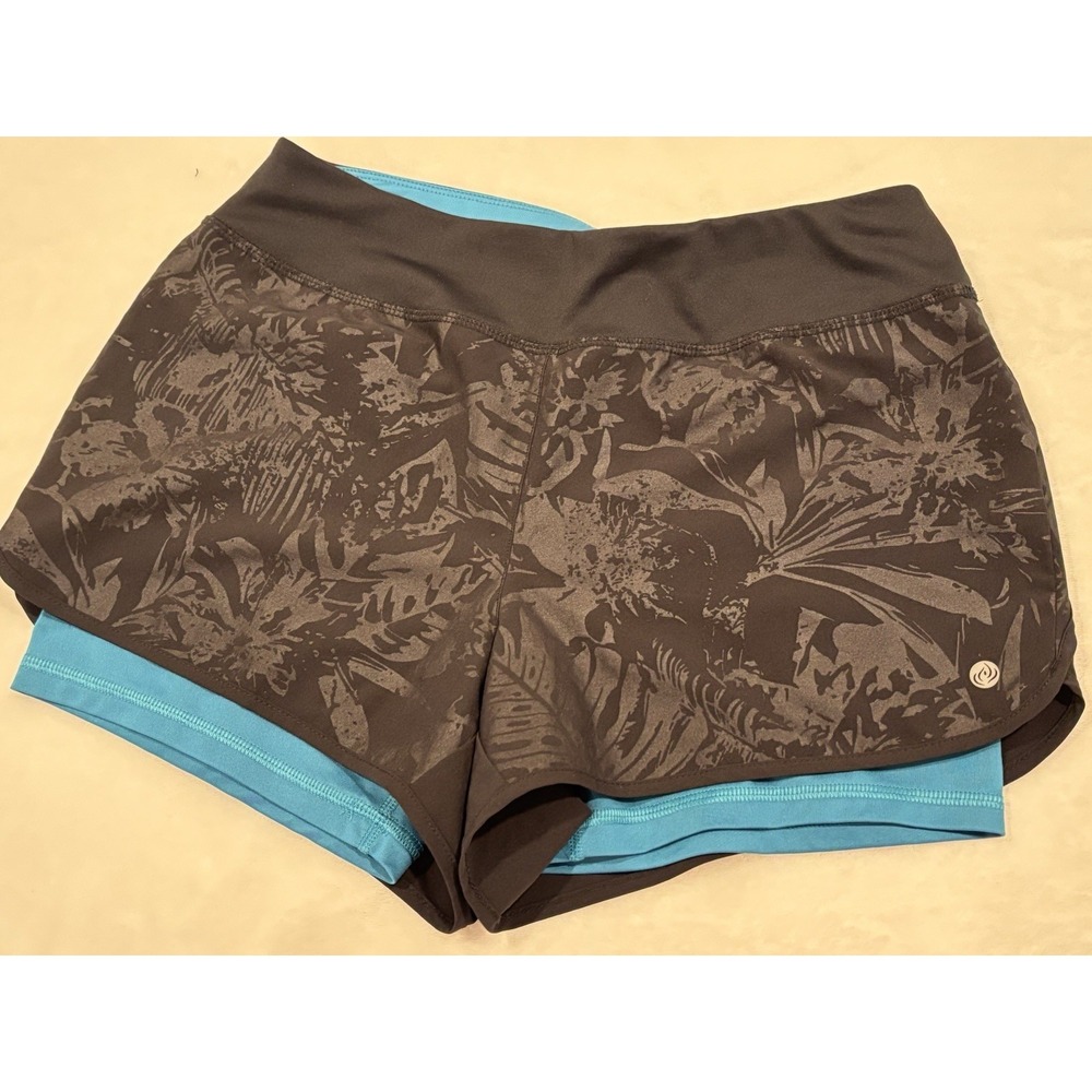 Apana Womens Floral‎ 2-in-1 Athletic Shorts Black Blue Small Activewear